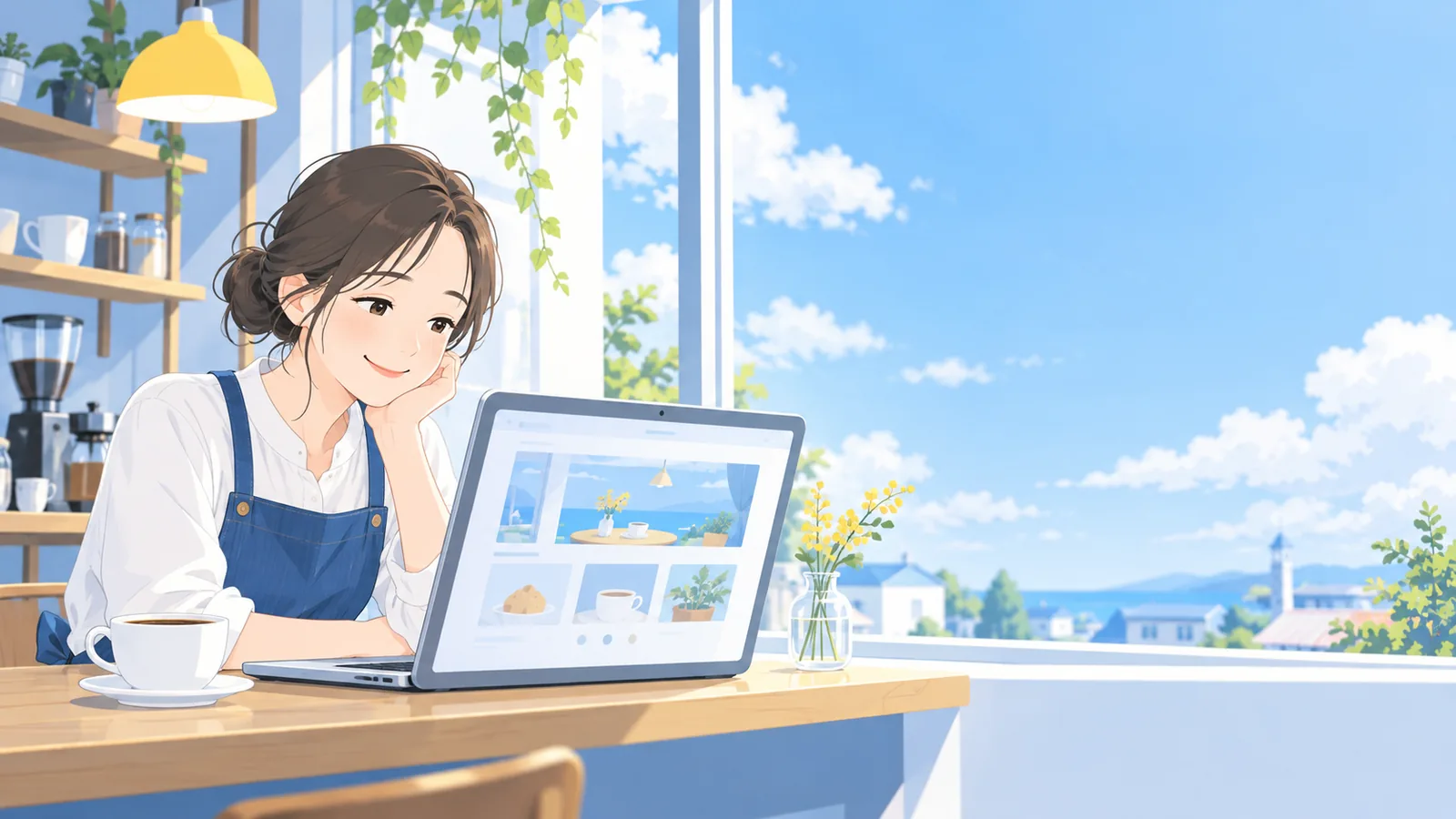 小さなお店のホームページ制作｜ノートパソコンで自分のお店のホームページを見て笑顔になる店主のイラスト