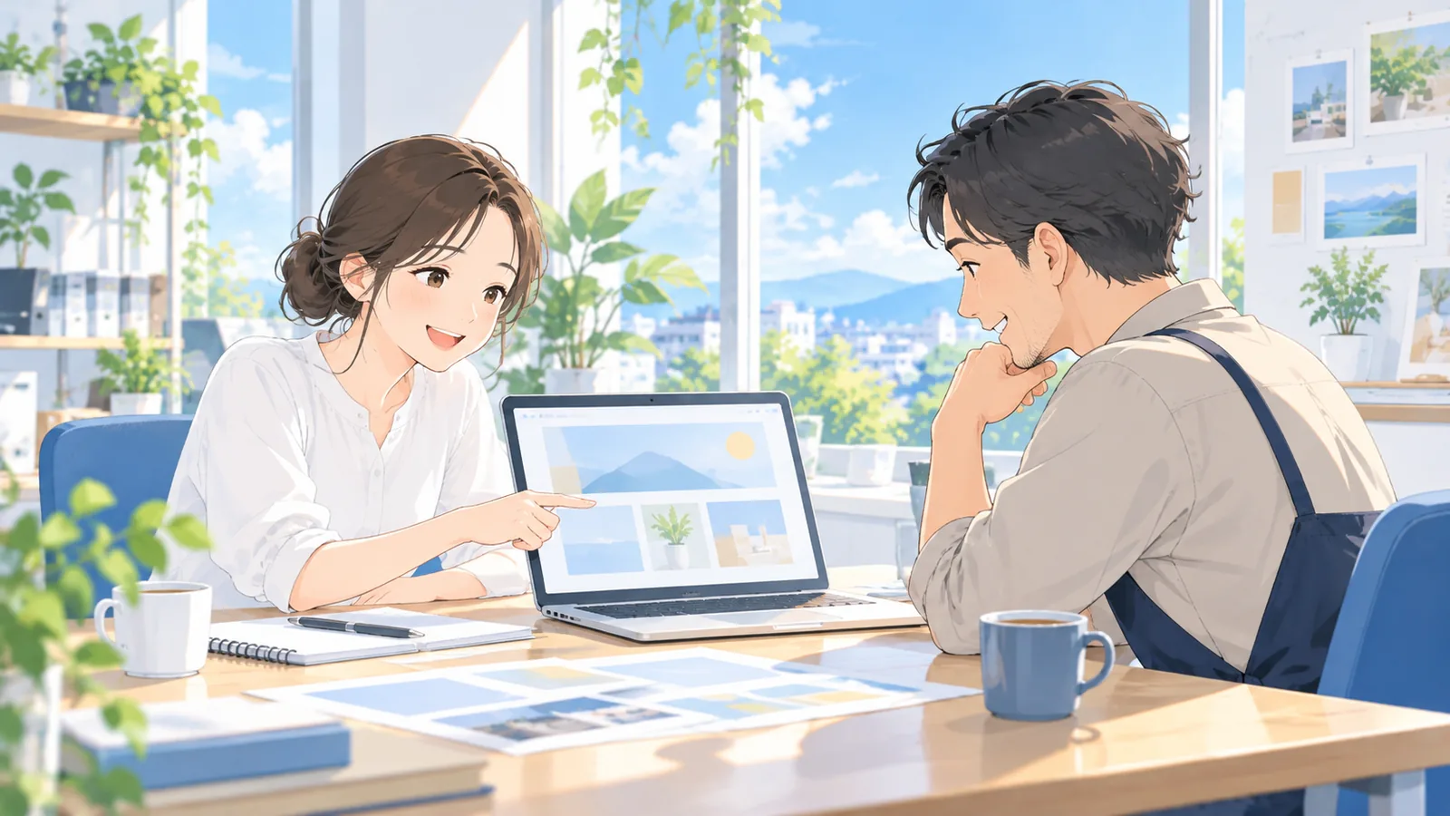 ホームページ制作｜お店の方と制作担当が、パソコンの画面を見ながら打ち合わせをしているイメージ